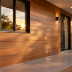 Parede residencial revestida com painéis Thermo Siding amadeirados