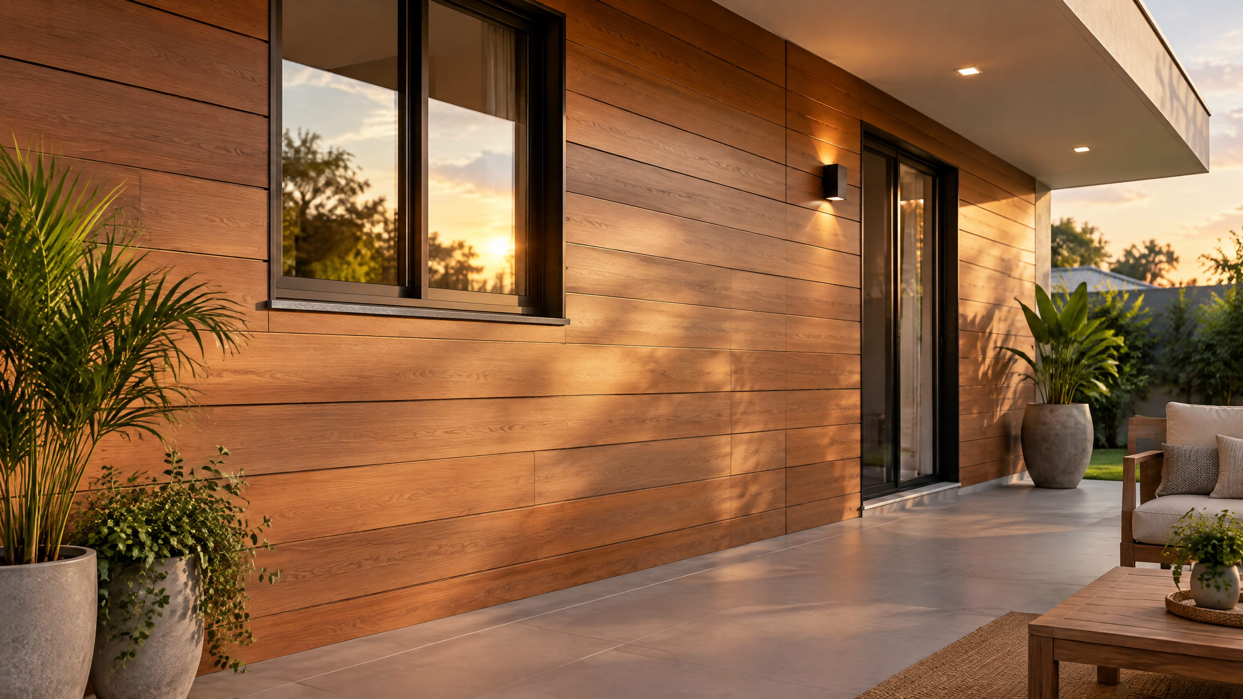 Parede residencial revestida com painéis Thermo Siding amadeirados