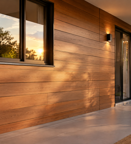Parede residencial revestida com painéis Thermo Siding amadeirados